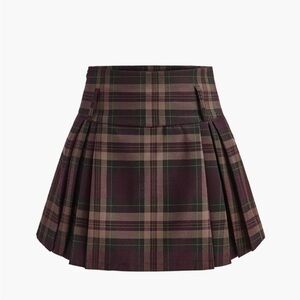 Commense Burgundy and Black Plaid Pleated Mini Skirt
